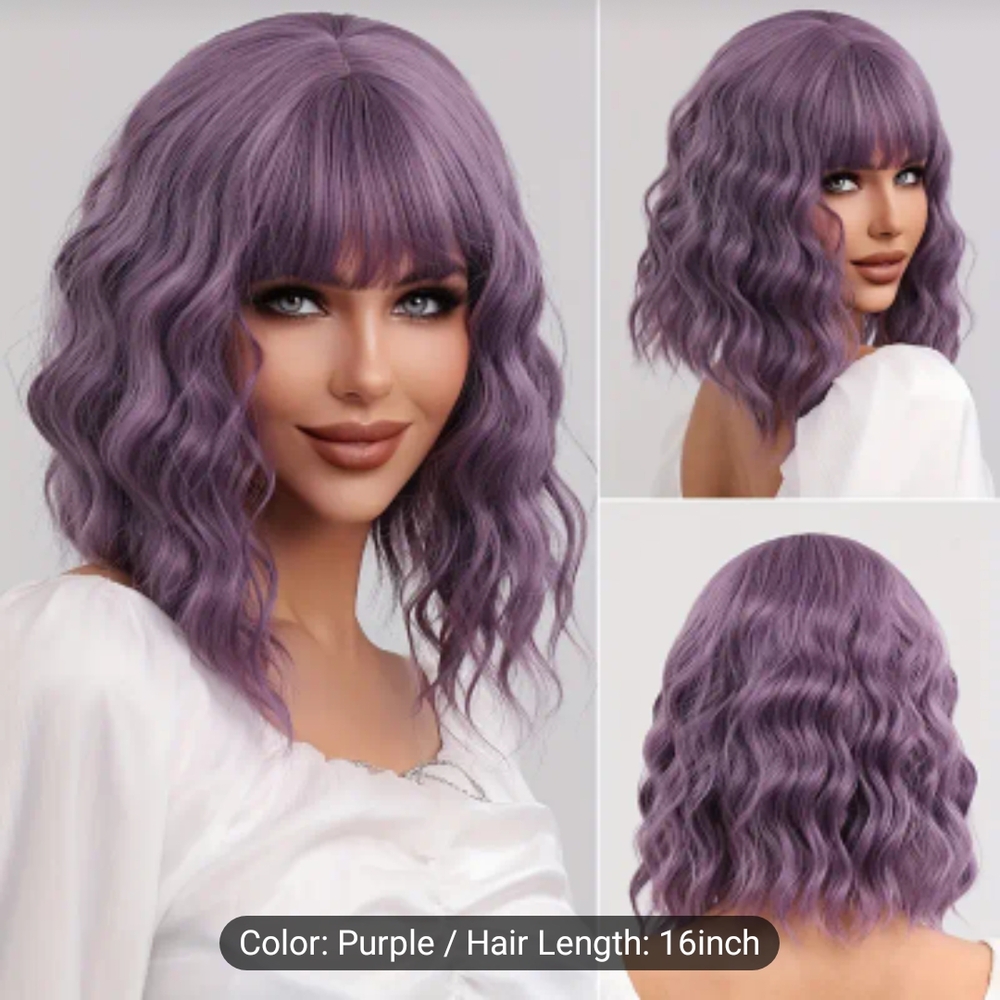NWT Purple Wavy Hair Wig Bob Cut With Bangs